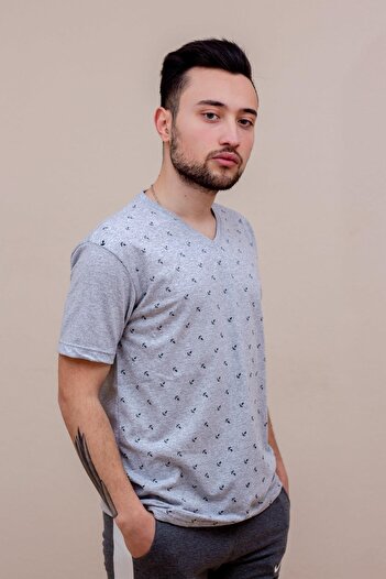 Azıcık Akıllı Gray Anchor Printed Short Sleeve V-Neck Men's T-Shirt 22Etshvcpa