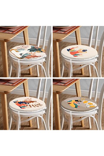 Realhomes 4-Piece Bohemian Themed Tropical Leaf Women's Designed Round Zippered Chair Cushion Set
