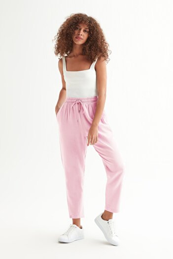 Açelya Okcu High Waist Elastic Waist Linen Trousers