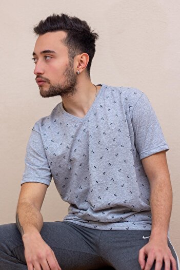 Azıcık Akıllı Gray Anchor Printed Short Sleeve V-Neck Men's T-Shirt 22Etshvcpa