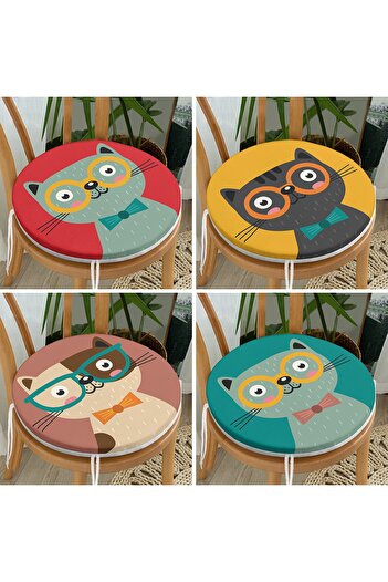 Realhomes Set of 4 Colorful Cute Kitten Printed Round Zippered Chair Cushions
