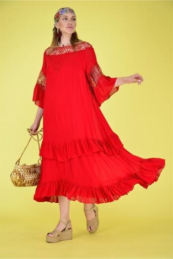 Hazinedan Women's Bohemian Lace Detail Embroidered Red Italian Dress