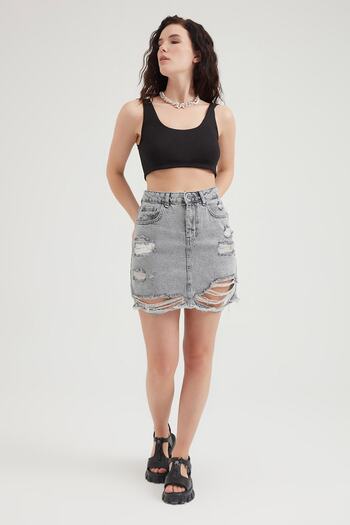Açelya Okcu High Waist Ripped Denim Skirt