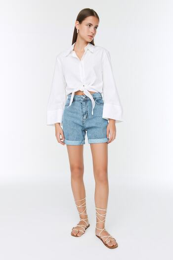 Trendyol Collection Modré džínové šortky s vysokým pasem TWOSS22SR00143