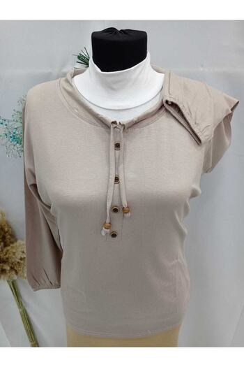 Sel Tekstil 2022 Model Normal Size Elastic Sleeves and Collar Drawstring Mother's Blouse