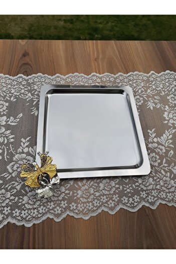 süslühome Stainless Steel Square Modern Tea Coffee Presentation Tray with One Butterfly