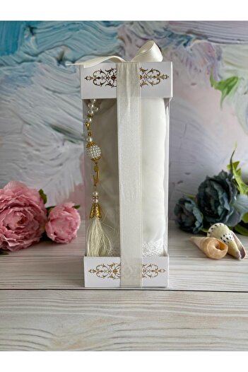 DuhaİslamiHediyelik Luxury Boxed Laced Shawl Pearl Prayer Beads Dowry Bundle Set Home Concept