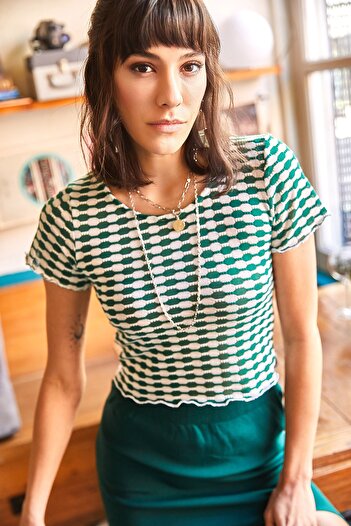 Olalook Women's Green Semi-Transparent Knitted Crop Blouse BLZ-19001892