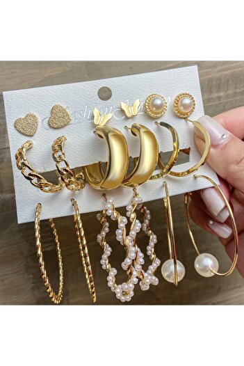 Takıtolia Pearl Acrylic and Gold with Pearl Gold Color 6 Hoops 9 Pairs of Different Sizes Set of Multiple Earrings