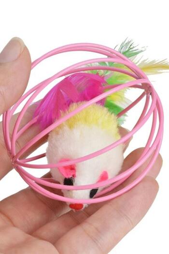 Kitchen Beauty Plush Cat Dog Toy with Metal Cage and Mouse 6 cm