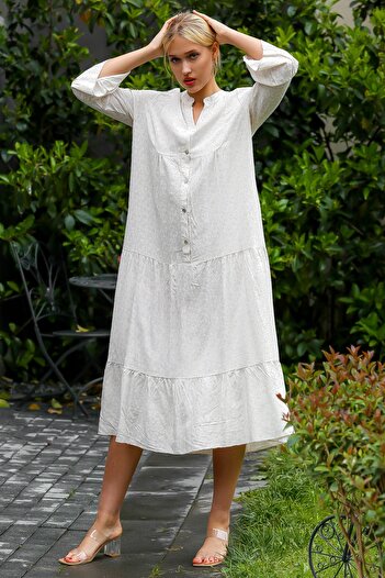 Chiccy Women's Stone Italian Half Placket Buttoned Flounce Sleeve Crispy Patterned Oversize Long Dress M10160000EL93281