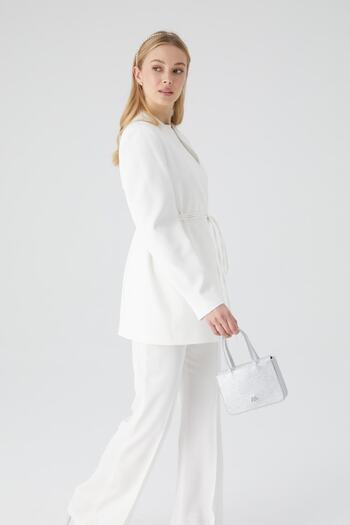 Manuka Belted Collarless Satin Blazer Jacket Ecru