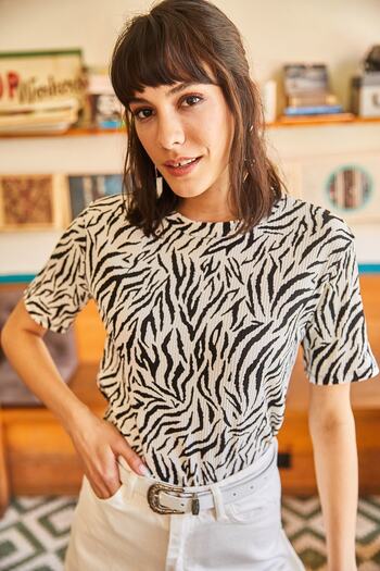 Olalook Női fehér Zebra Leopard zsinóros kötött Crop póló TSH-19000328