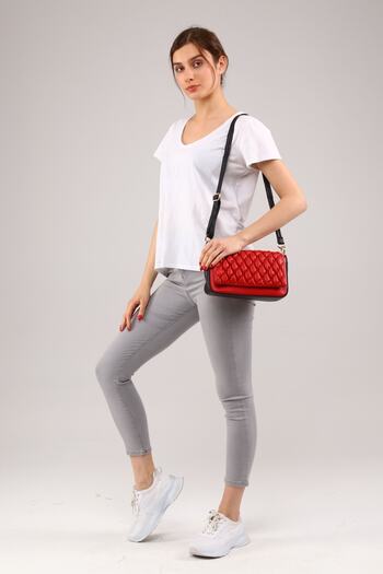 Morpelikan Women's Quilted Embroidered Red and Black Shoulder Bag with Adjustable Shoulder Strap