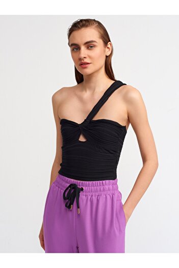 Dilvin 10168 One Shoulder Knitwear Bustier-μαύρο