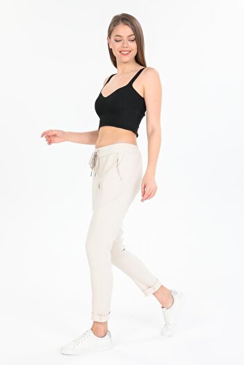 AYASOFYA OTANTIK Women's Beige Italian Tie Waist Skinny Leg Trousers