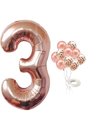 PARTİAVM Large Number Balloon Rose Gold Age 3 + Transparent Balloon with Confetti Sequin and Metallic Rose Gold Balloon
