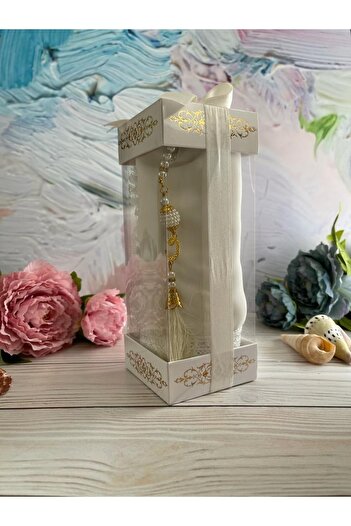 DuhaİslamiHediyelik Luxury Boxed Laced Shawl Pearl Prayer Beads Dowry Bundle Set Home Concept