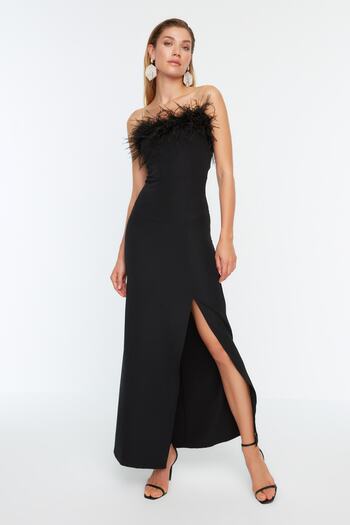 Trendyol Collection Černé tělo lemované Otrişli tkané večerní šaty TPRSS22AE0095