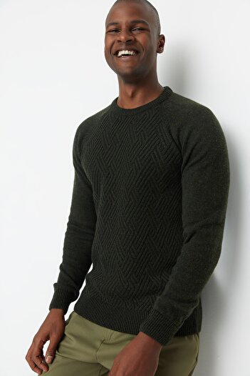 Trendyol Collection Khaki Knitwear Sweater - Slim Fit, Crew Neck, Raglan Sleeve, Wool Blended, Textured TMNAW22KZ0290