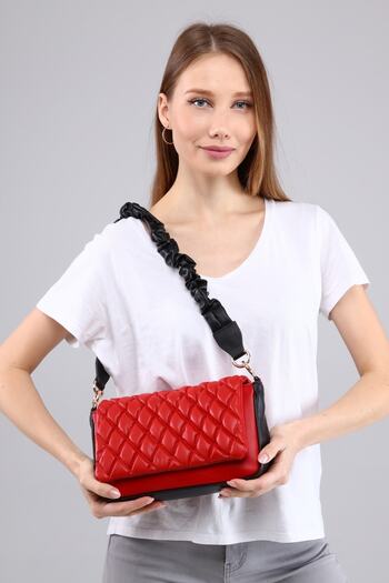 Morpelikan Women's Quilted Embroidered Red and Black Shoulder Bag with Adjustable Shoulder Strap