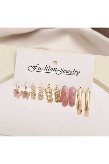 Takıtolia Pinkfly Acrylic And Pearl Gold Gold Hoop Multiple Earrings Set