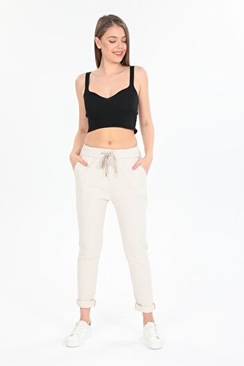 AYASOFYA OTANTIK Women's Beige Italian Tie Waist Skinny Leg Trousers