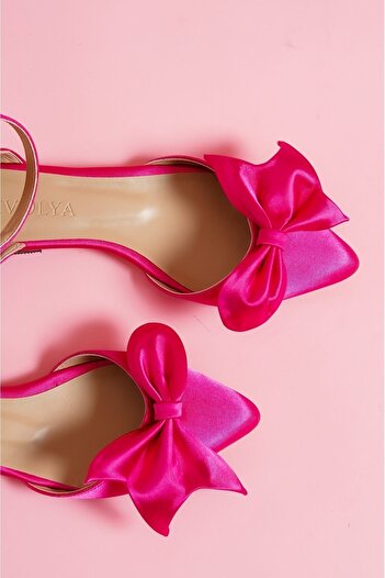 DİVOLYA Mambo Fuchsia Satin Bow Ankle Strap Pointed Toe Casual Ballet Flats