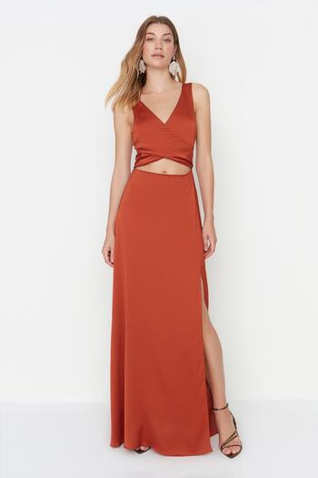 Trendyol Collection A-Cut Copper Colored Belted Cut-Out Detailed Long Evening Dress - TPRSS22AE0027