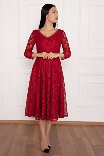 PULLIMM Lace Turvakar Sleeve Midi Evening Dress 13255