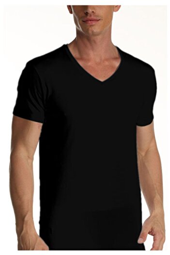 Çift Kaplan Men's Black 3-Piece Single Jersey V-Neck T-shirt Undershirt 952