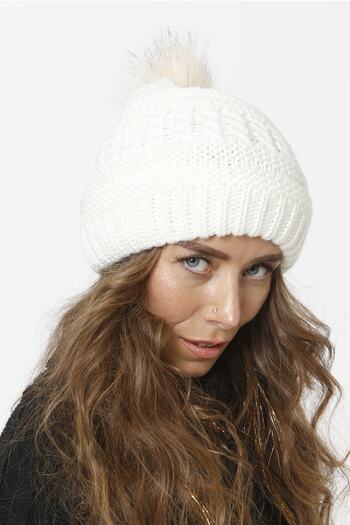 Vemod Women's Fur Pompom Lined Knitted Beret - Bone 91