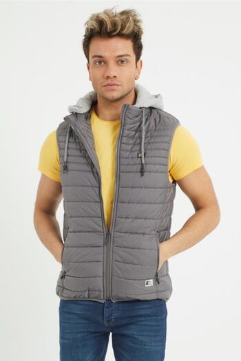 Wise Men's Hooded Combed Cotton Lined Puffer Vest - Gray