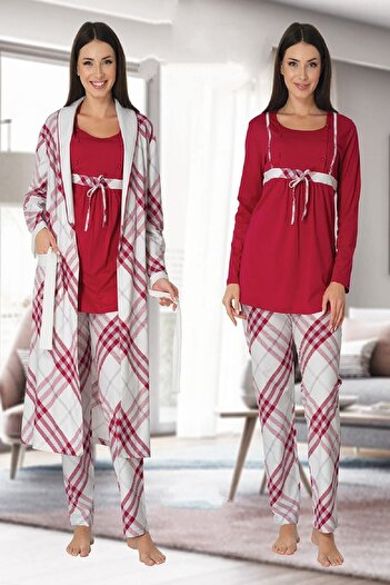Effort Pijama Zerre Bebe Women's Fuchsia Long Sleeve Pregnant Maternity Pajama Set with Dressing Gown 8084