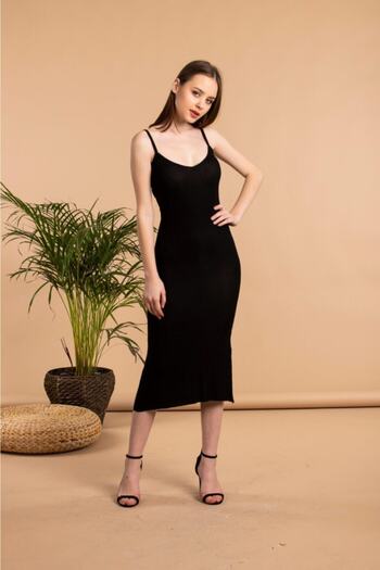 The Base Women's Black Slit Detailed V-Neck Rope Strap Pencil Dress