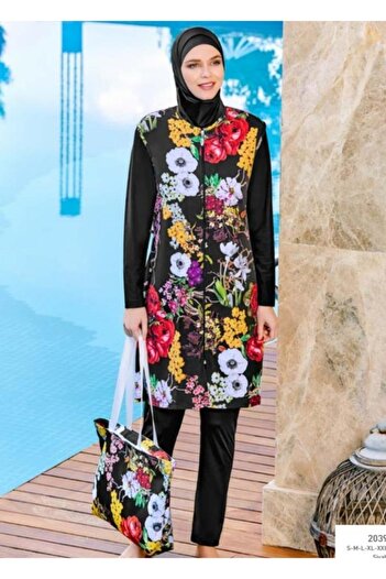 Adasea Women's Black 2039 Digital Patterned Jelly 2-Piece Hijab Swimsuit