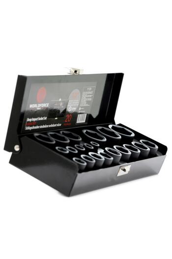 WORLDFORCE TOOLS مجموعة مقبس قصير التأثير 1/2 بوصة من Worldforce، صندوق معدني 8-32 مم، مجموعة 20 قطعة