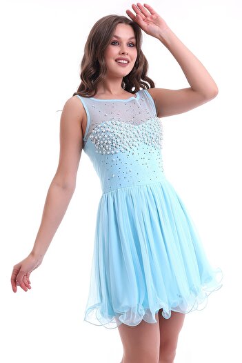 Ottawe Kadın Önü Boncuk Taşlı Etek Tül Kloş Kısa Party Mezuniyet Mini Kısa Elbise Ottw-8031
