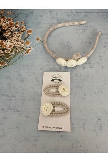 NATURA DESİGN Knitted Crown Rose Model - 2-Piece Snap Buckle Set Gift!