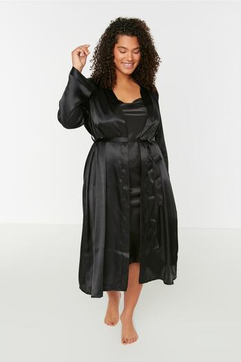 Trendyol Curve Black Kimono - Nightgown Satin 2-Piece Set TBBSS22SB00000