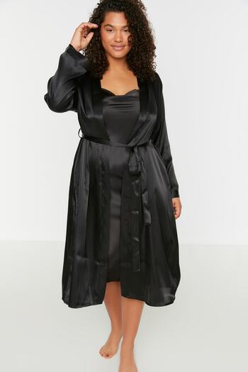 Trendyol Curve Black Kimono - Nightgown Satin 2-Piece Set TBBSS22SB00000