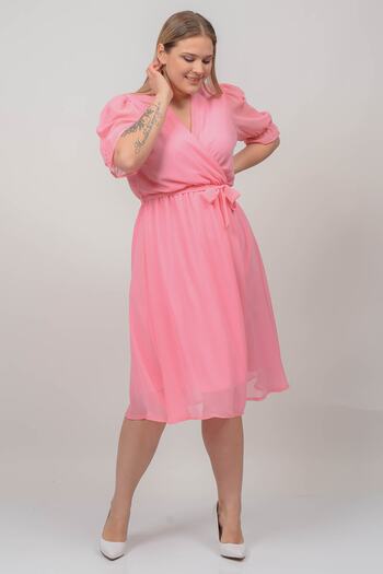 XXL BUTİK Women's Double Breasted Collar Plus Size Belted Chiffon Dress Btq064