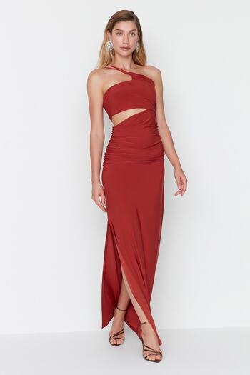 Trendyol Collection Cinnamon Waist Decolteu tricotat Rochie de seară lungă de seară Rochie de absolvire de seară TPRSS23AE00157