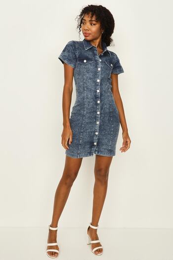 Select Moda Rochie de damă din denim albastru închis cu nasturi în față