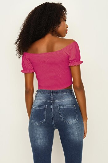Select Moda Γυναικεία ροζ μπαλόνι μανίκι Gipeli Crop μπλούζα