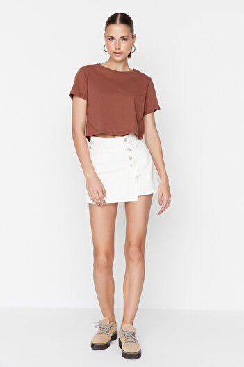 Trendyol Collection Ecru Button Detailed High Waist Denim Shorts Skirt TWOSS22SR0448
