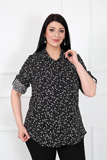 By Alba Collection Black Viscose Large Size Women's Shirt - Cotton Straight Cut