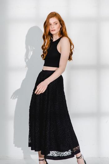 By Mare Style Long Black Lace Embroidery Skirt - Bordeaux Long Skirt