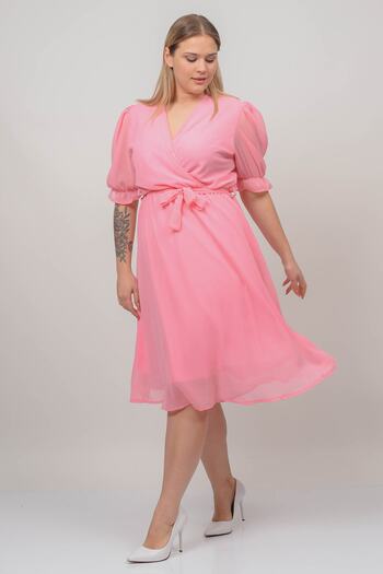XXL BUTİK Women's Double Breasted Collar Plus Size Belted Chiffon Dress Btq064