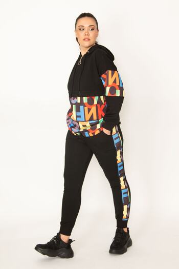 Şans Women's Black Hooded Zipper and Print Detailed Eyelet Sweatshirt Trousers Set 65N19562